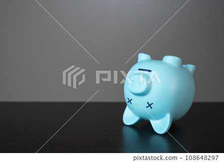 Dead pig piggy bank. Financial crisis, end of savings, bankruptcy. Devaluation, inflation. Impoverishment. Refinancing restructuring of debts. Economic depression. 108648297