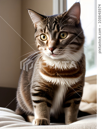 Detailed cat closeup over cozy bed. 108648974