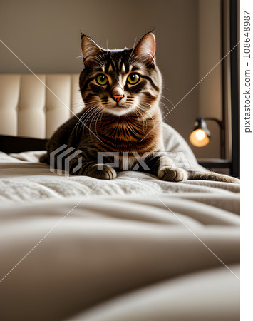 Detailed cat closeup over cozy bed. 108648987
