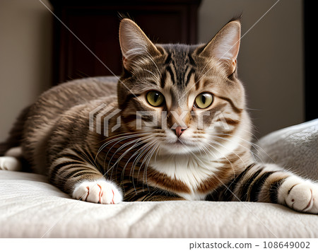 Detailed cat closeup over cozy bed. 108649002