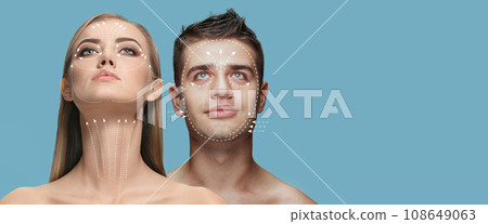 Face lifting, circuit. Young man and woman with arrows on face symbolling face lifting effects with cosmetological treatment Face lifting, circuit. Young man and woman with arrows on face symbolling face lifting effects with cosmetological treatment 108649063