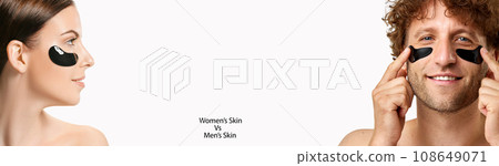 Banner. Man and woman using under eye patches for skin hydration, reduction of dark circles, tiredness and puffy eyes. Cosmetology and cosmetics Banner. Man and woman using under eye patches for skin hydration, reduction of dark circles, tiredness and puffy eyes. Cosmetology and cosmetics 108649071