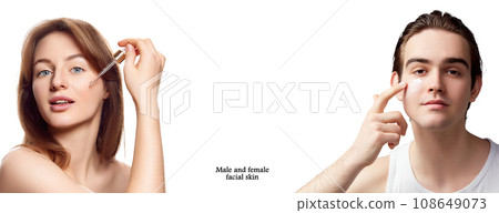 Male and female skin care. Woman applying face serum, man using moisturizing cream. Nutrition and skin hydration. Youth. Cosmetology and cosmetics 108649073