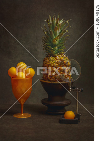 Still life with pineapple and orange balls in a glass Still life with pineapple and orange balls in a glass 108649178