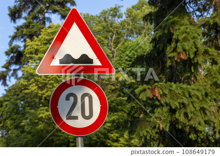 Speed limit road signs and Rough road Warning Speed limit road signs and Rough road Warning 108649179