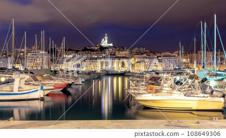 Notre Dame de la Garde Cathedral at sunset in the night lights. Marseilles. France. 108649306