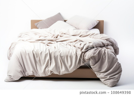 Beautiful bed in bedroom with mattress and sheets not cleaned, mess. AI generated. 108649398