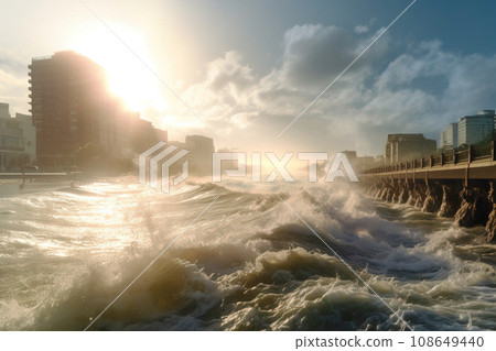 Destructive oceanic tsunami, high-rise buildings background. Natural water disaster. AI generated. 108649440