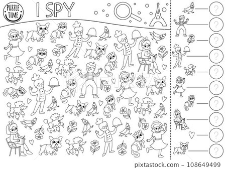 France black and white I spy game for kids. Searching and counting activity with people, animals. French printable line worksheet. Simple spotting puzzle or coloring page with chef, mime, rose, girl 108649499