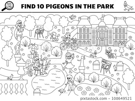 Vector black and white French searching game with city landscape, park, people. Spot hidden pigeons. Simple France seek and find educational printable activity or coloring page for kids Vector black and white French searching game with city landscape, park, people. Spot hidden pigeons. Simple France seek and find educational printable activity or coloring page for kids 108649521