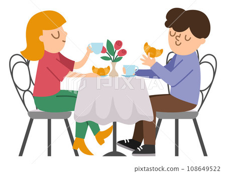 Pair sitting by the table, eating croissants and drinking coffee or tea. Vector black and white illustration with French people. Woman man having good time. Cute characters line icon or coloring page 108649522