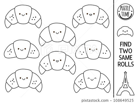 Find two same rolls. French traditional pastry matching activity. France black and white educational worksheet for kids. Simple printable game, coloring page with cute kawaii croissant Find two same rolls. French traditional pastry matching activity. France black and white educational worksheet for kids. Simple printable game, coloring page with cute kawaii croissant 108649525