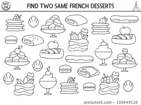 Find two same French desserts. Traditional pastry matching activity. France black and white educational quiz worksheet for kids. Simple printable game, coloring page with cute eclair, bun, 108649526