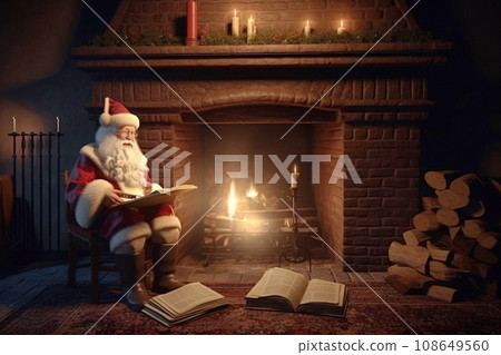 Christmas New Year Santa Claus in a festive interior with a fireplace reads children's letters. Christmas New Year Santa Claus in a festive interior with a fireplace reads children's letters. 108649560