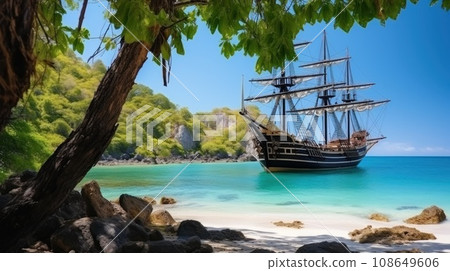 Pirate ship with lowered sails drifts on azure sea during calm arriving to hilly coast Pirate ship with lowered sails drifts on azure sea during calm arriving to hilly coast 108649606
