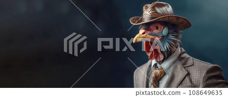 Rooster gentleman in a suit, tie, hat and glasses on a black background. AI generated. 108649635