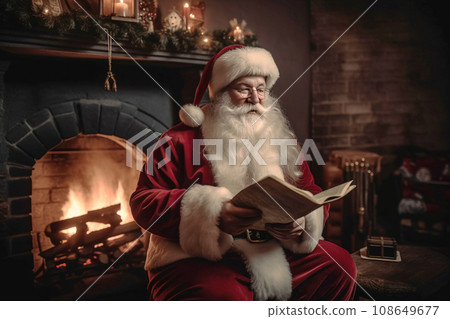 Christmas New Year Santa Claus in a festive interior with a fireplace reads children's letters. Christmas New Year Santa Claus in a festive interior with a fireplace reads children's letters. 108649677