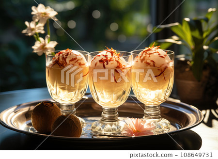 Popsicle ice cream balls, a milk dessert, in a dish at sunset in a tropical landscape. AI generated. Popsicle ice cream balls, a milk dessert, in a dish at sunset in a tropical landscape. AI generated. 108649731