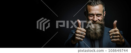 Thumb up, symbol of excellent hitchhiking. Man black background. AI generated. 108649744