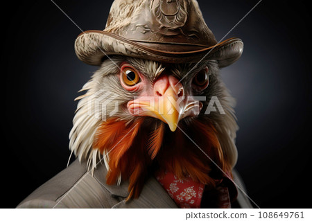 Rooster gentleman in a suit, tie, hat and glasses on a black background. AI generated. Rooster gentleman in a suit, tie, hat and glasses on a black background. AI generated. 108649761