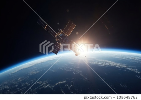 A satellite is flying in orbit around the planet Earth. AI generated. A satellite is flying in orbit around the planet Earth. AI generated. 108649762