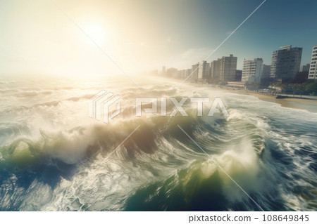 Destructive oceanic tsunami, high-rise buildings background. Natural water disaster. AI generated. 108649845