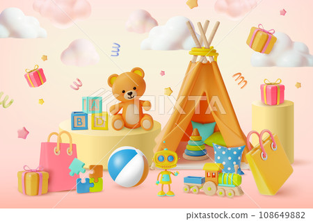3d Kid Toy Store Big Sale Half Price Concept Cartoon Style Cute Teddy Bear and ABC Blocks on a Podium Scene Wigwam with Pillows and Different Toys Around. Vector illustration 108649882