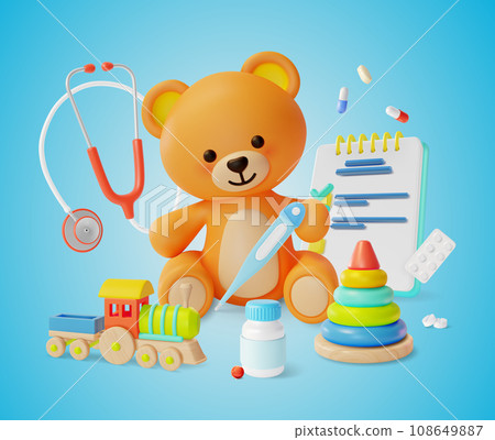 3d Pediatrician Child Health Consulting Concept Cartoon Style Include of Cute Teddy Bear Toy, Thermometer and Stethoscope . Vector illustration 108649887