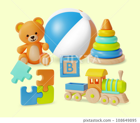 3d Kid Toy Concept Cartoon Style Include of Ball, Teddy Bear, Wooden Train and Pyramid with Colorful Rings. Vector illustration 3d Kid Toy Concept Cartoon Style Include of Ball, Teddy Bear, Wooden Train and Pyramid with Colorful Rings. Vector illustration 108649895