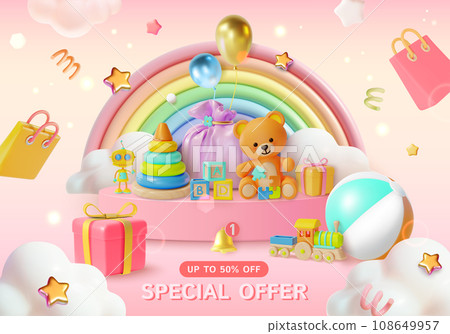 3d Kid Toy Store Big Sale Special Offer Half Price Concept Placard Poster Banner Card Template Cartoon Style. Vector illustration 3d Kid Toy Store Big Sale Special Offer Half Price Concept Placard Poster Banner Card Template Cartoon Style. Vector illustration 108649957