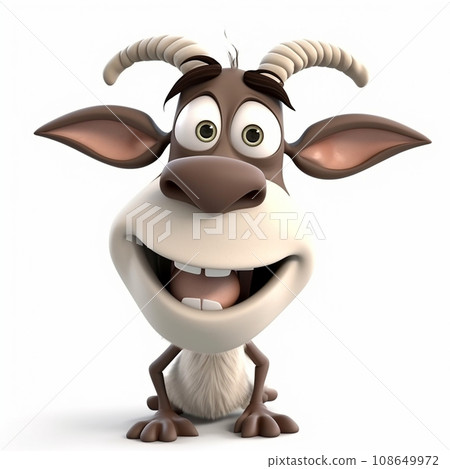 Goat, funny cute animal, 3d illustration on white, unusual avatar, cheerful pet 108649972