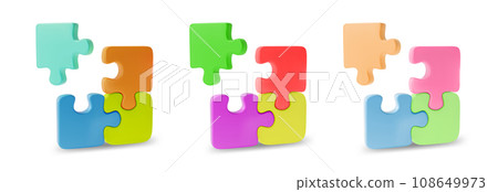 3d Different Color Jigsaw Puzzle Set Cartoon Style Game or Teamwork Concept . Vector illustration of Puzzles Parts 108649973