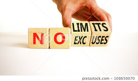 No excuses and limits symbol. Concept words No excuses No limits on wooden block. Beautiful white table white background. Businessman hand. Business motivational no excuses limits concept. Copy space. 108650070