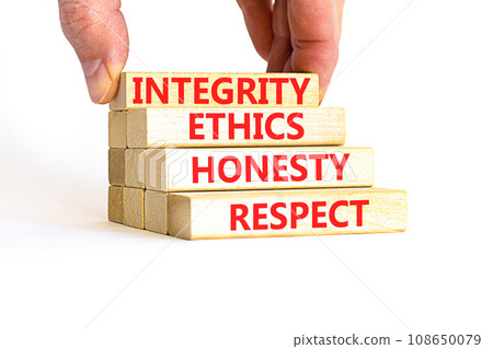 Integrity ethics honesty respect symbol. Concept word Integrity Ethics Honesty Respect on block. Beautiful white background. Businessman hand. Business integrity ethics honesty respect concept. Integrity ethics honesty respect symbol. Concept word Integrity Ethics Honesty Respect on block. Beautiful white background. Businessman hand. Business integrity ethics honesty respect concept. 108650079
