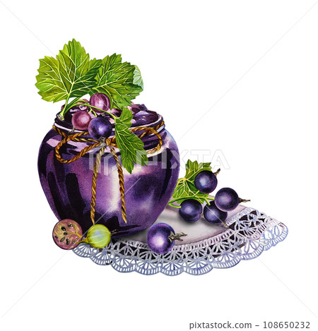 A jar of blackcurrant jam. Watercolor illustration drawn by hand. Isolate. For labels, packaging and banners. For textiles, prints and stickers. For menus, invitation cards. A jar of blackcurrant jam. Watercolor illustration drawn by hand. Isolate. For labels, packaging and banners. For textiles, prints and stickers. For menus, invitation cards. 108650232