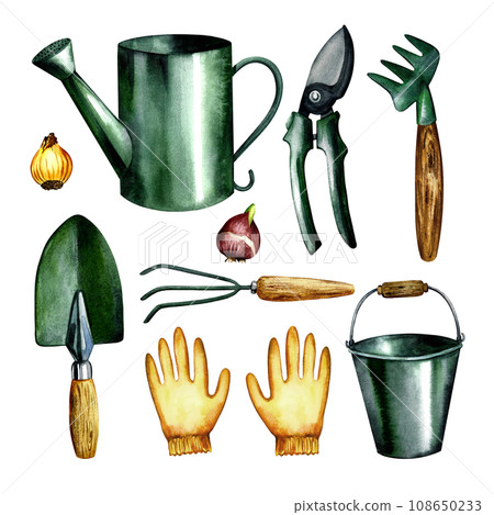 Garden set. Gardener's tools. Watercolor illustration drawn by hand. Bucket, watering can, protective gloves, shovel, pitchfork, rake and bulbs. For packages, flyers, posters and banners. Garden set. Gardener's tools. Watercolor illustration drawn by hand. Bucket, watering can, protective gloves, shovel, pitchfork, rake and bulbs. For packages, flyers, posters and banners. 108650233