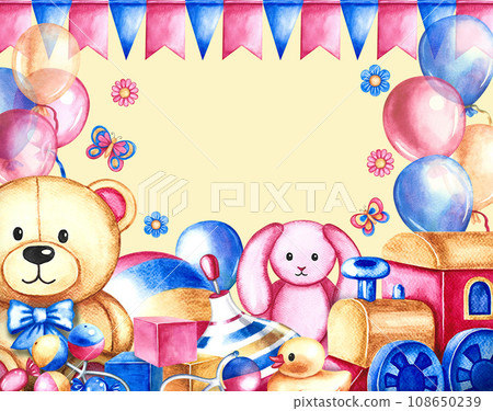A frame with children's toys. A ball and a spinning top, cubes and a teddy bear, a train and much more. Handmade watercolor illustration. For children's greeting and invitation cards, flyers, packages 108650239