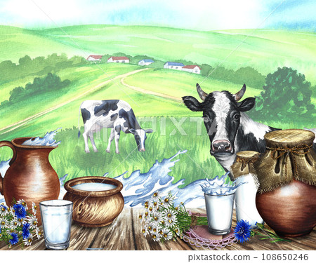 Cow and dairy products in ceramic and glassware. Against the backdrop of a rural landscape. Milk splash frame. Watercolor hand drawn illustration. For dairy products, advertising, flyer, packaging. 108650246