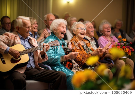 Elderly people at an evening concert in a nursing home, sitting and listening to music, a mood of joy 108650409