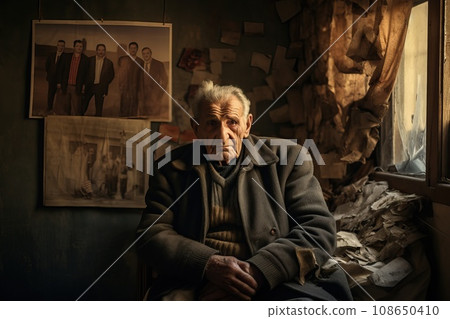 Elderly man sitting by the window in an old apartment, old photo in hand, loneliness 108650410