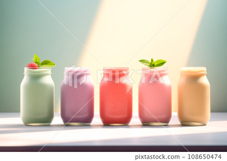 A lot of different colored smoothies in tall glasses with leaves on them A lot of different colored smoothies in tall glasses with leaves on them 108650474