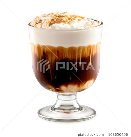 White Russian cocktail featuring layers of cream, coffee liqueur and vodka 108650496