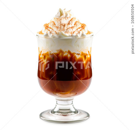 Irish Coffee cocktail with whipped cream, brewed coffee and Irish whiskey 108650504