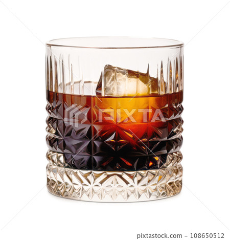 A Black Russian cocktail in crystal-clear glass sits against a white background 108650512