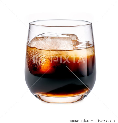 A Black Russian cocktail in crystal-clear glass sits against a white background 108650514