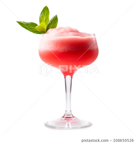 Strawberry margarita cocktail in salt-rimmed glass isolated on white background Strawberry margarita cocktail in salt-rimmed glass isolated on white background 108650526