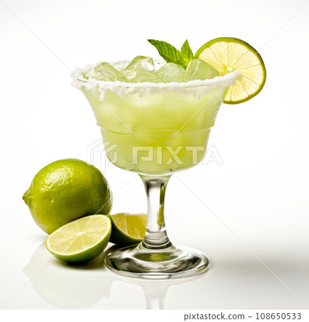 Margarita cocktail in salt-rimmed glass with lime isolated on white background 108650533