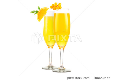 Set of Mimosa cocktails with bubbly champagne and orange juice on white background Set of Mimosa cocktails with bubbly champagne and orange juice on white background 108650536