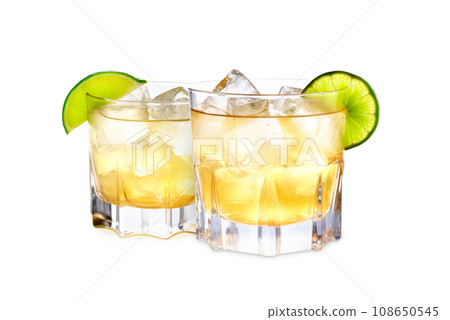 Set of Whiskey Sour cocktails garnished with a lemon in rocks glass on white background Set of Whiskey Sour cocktails garnished with a lemon in rocks glass on white background 108650545