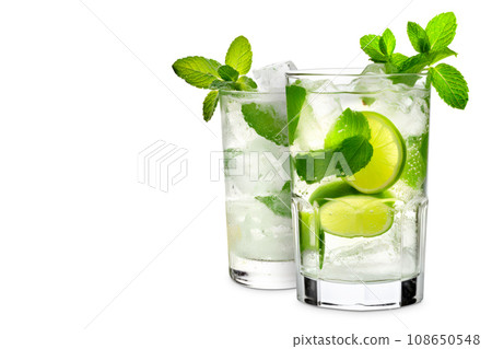 Set of Mojito cocktails, garnished with fresh mint and a slice of lime in a tall glass 108650548